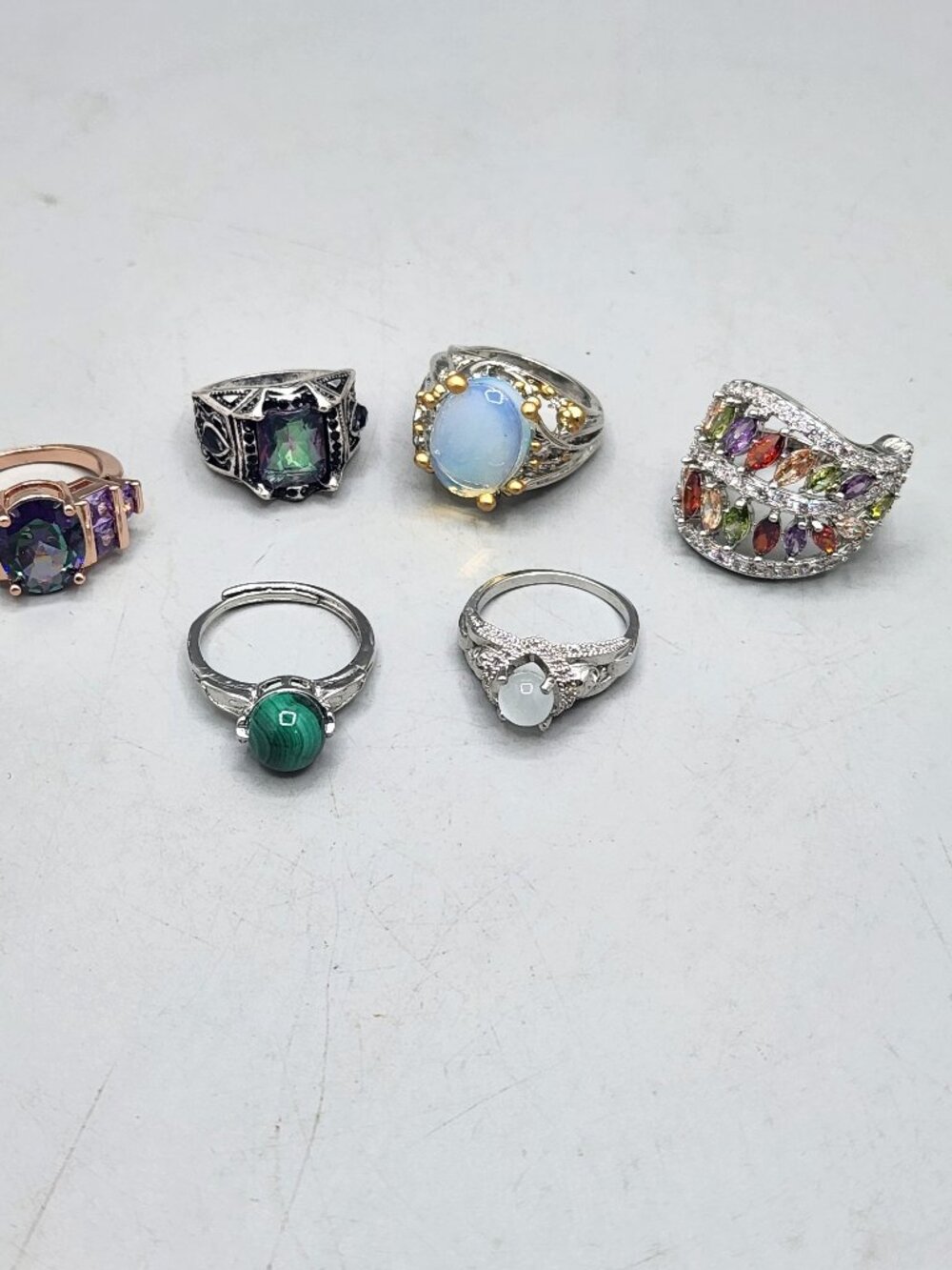 Lot of 6 Costume Jewelry Rings Rhinestones Fashion Bling Statement Size 7